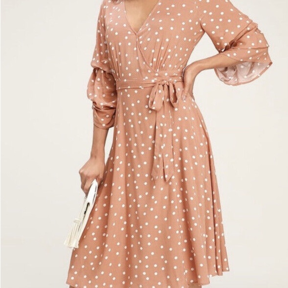 lulus tan Polka Dot Wrap Dress
